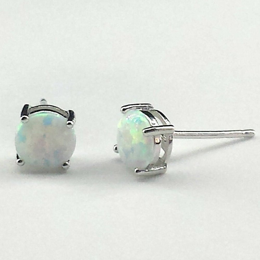 Lab Opal Stud Earrings Sterling Silver - Picture 2 of 4